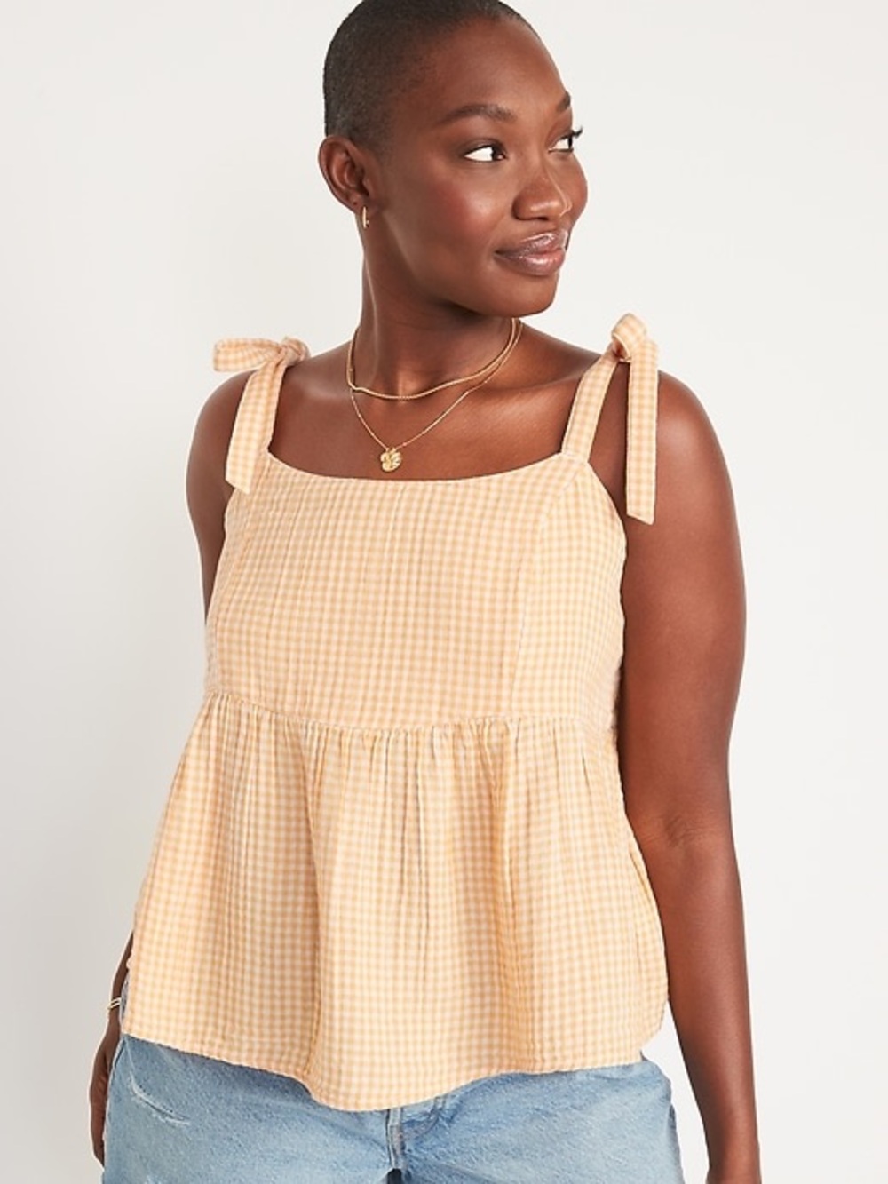 Old Navy Tie-Shoulder Smocked Gingham Cami Babydoll Swing Blouse